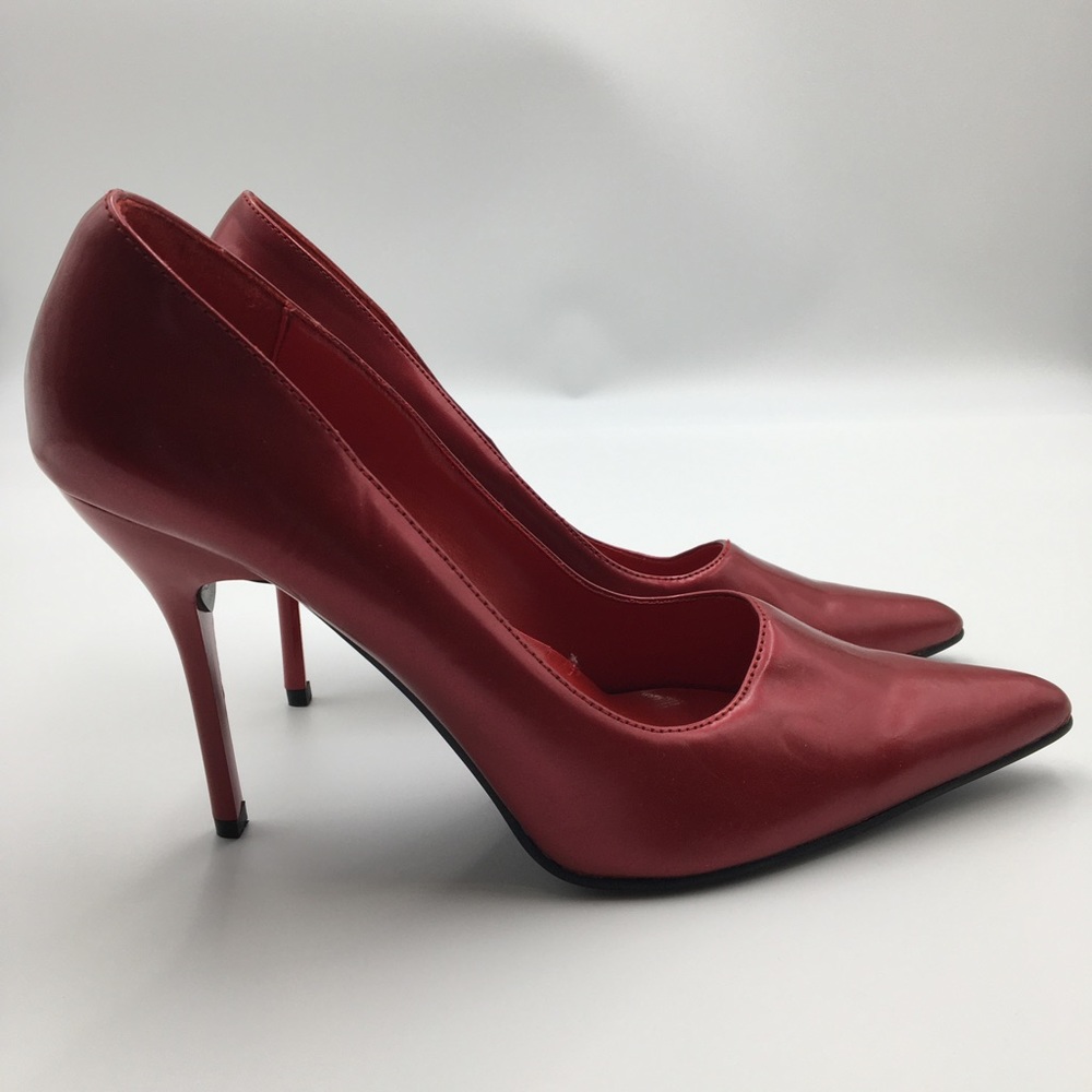 Vintage 4” Deep Red Fredericks of Hollywood Faux Leather Stilettos Size 10 👠🔥 - Picture 5 of 16